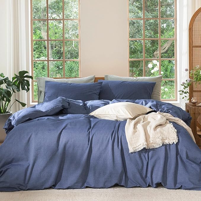MooMee Bedding Duvet Cover Set 100% Washed Cotton Linen Like Textured Breathable Durable Soft Comfy (Heathered Blue, Super Queen 90"x98")