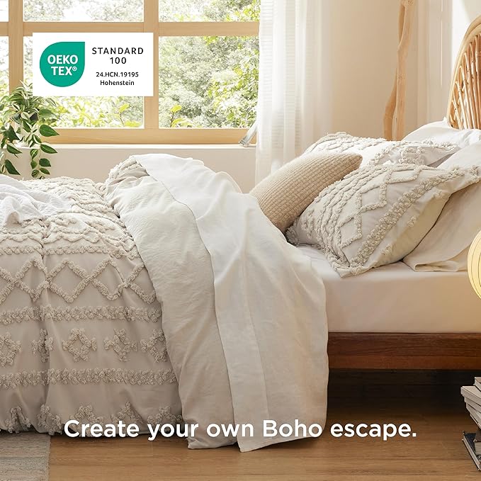 Bedsure Boho Duvet Cover Queen Size, Soft & Comfortable Elegant Design Boho Bedding for Decoration, Machine Washable Comforter Cover for All Seasons,Includes 1 Duvet Cover & 2 Pillow Shams,Linen