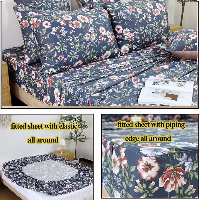 FADFAY Sheets Set Queen Vintage Dark Blue Floral Bedding Shabby Peony Floral Sheets French Country Farmhouse Bedding 800 Thread Count 100% Egyptian Cotton Deep Pocket Fitted Sheet 4Pcs, Queen Size