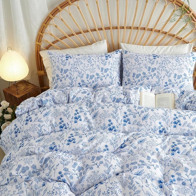 Nayoroom Blue Floral Duvet Cover Full Size Cottagecore Botanical Flower Spring Comforter Cover 3 Pcs Soft Breathable Microfiber Pastoral Aesthetic Bedding Set Gift for Women