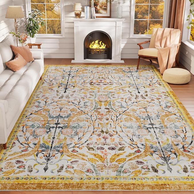 AMTOVO 8x10 Washable Area Rugs for Living Room, Non-Slip&Non-Shedding Large Soft Boho Floral Vintage Print Carpet for Bedroom Dining Room Farmhouse Nursery Kids Room Home Office, Golden Yellow