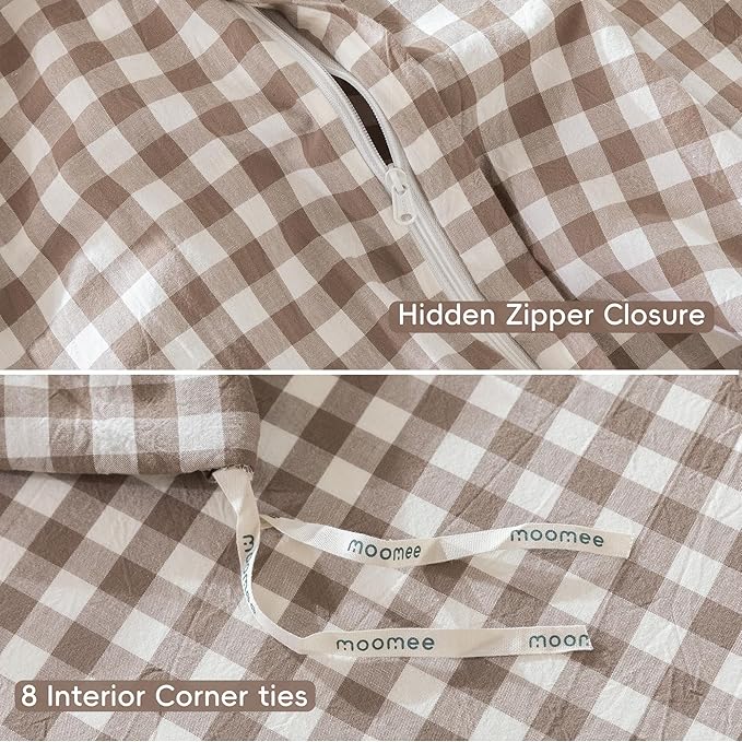 MooMee Gingham Duvet Cover Set 100% Washed Cotton Linen Like Textured Breathable Durable Soft Comfy Modern Checkered Design (Brown Gingham, Palatial King/Oversized King 120"x98")