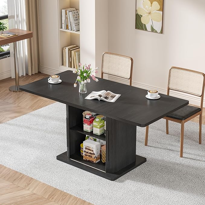 Extendable Black Dining Table for 4-6, 47-65 Inch Rectangle Dining Room Kitchen Table with Large Storage, Wood Sliding Door, Mid Century Modern Dinner Furniture, Fluted, Space Saving, Living Room