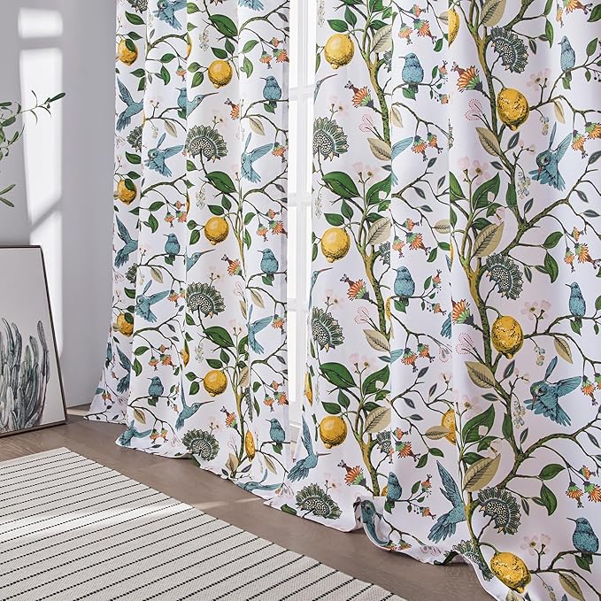 Blue White Vintage Floral Curtains 84 Inches Long for Living Room Bedroom Luxury Whimsical Lemon Hummingbird Patterned Waverly Mid Century Colorful Pinch Pleated Blackout Drapes 2 Panels