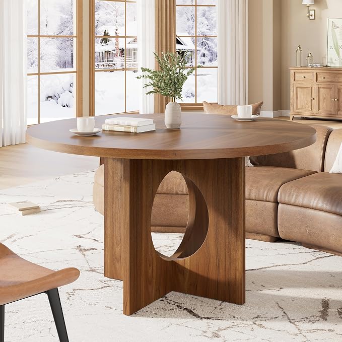 Garvee 47" Round Dining Table for 4-6 People - Circle Kitchen Dinner Table with Sturdy Pedestal Base, Space Saving Dinning Room Furniture for Living Room, Kitchen, Apartment, Brown