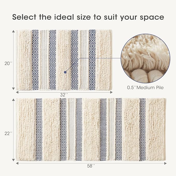 Ink+Ivy Bath Rug Hand-Woven Texture Shaggy Striped Soft & Water Absorbent, Boho Bathroom Décor Bath-Mats, Non-Slip Absorbent Quick Dry Mats for Tub, Shower Room, Asher, 22x58, Navy 1 Piece