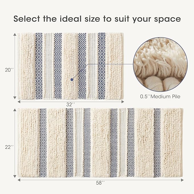 Ink+Ivy Bath Rug Hand-Woven Texture Shaggy Striped Soft & Water Absorbent, Boho Bathroom Décor Bath-Mats, Non-Slip Absorbent Quick Dry Mats for Tub, Shower Room, Asher, 20x32, Navy 1 Piece