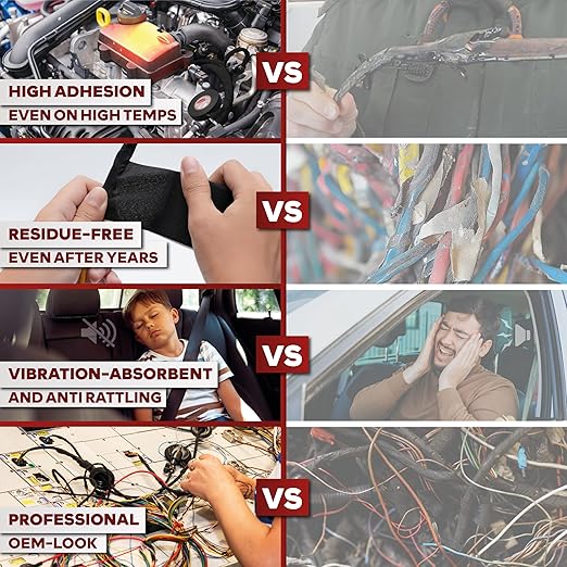XFasten Wire Harness Tape, 3/4-Inch x 90-Foot (3-Pack), High Temp Wiring Loom Harness, Self-Adhesive Felt Cloth Electrical Tape for Automotive Engines, Noise Dampening, and Cable Protection