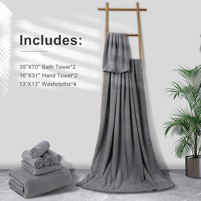 8-Piece Gray Bath Towel Set, 2 Extra Large Bath Towel Sheets, 2 Hand Towels and 4 Washcloths - Highly Absorbent Quick Dry Microfiber,Ultra Soft Towel Set for Bathroom, Waffle Weave Design, Pack of 8