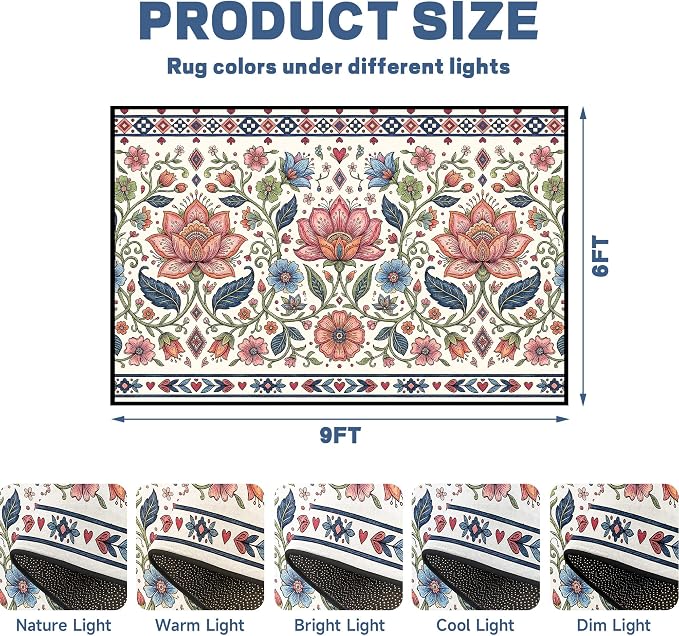 6'x9' Boho Floral Area Rug Vintage Colorful Botanical Carpet Non-Slip Washable Rugs for Bedroom Living Room Nursery Kitchen Playroom Home Decor
