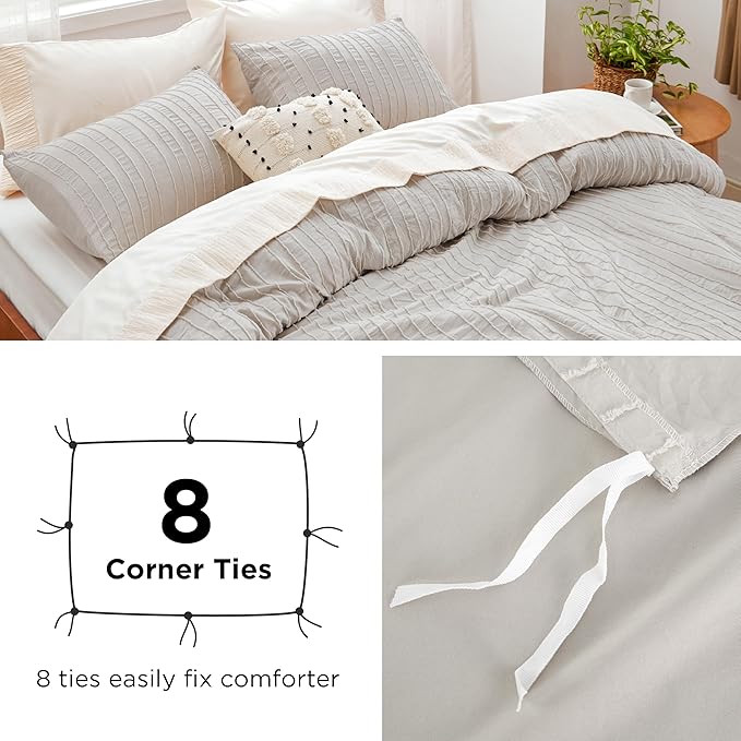 Bedsure Striped Boho Twin Duvet Cover - Shabby Chic Tufted Boho Bedding Set, 2 Pieces Shabby Chic Home Bedding for All Seasons, Includes 1 Twin Duvet Cover & 1 Pillowcase (White, 68" x 90")