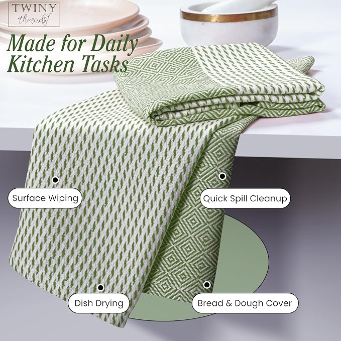 TWINY threads Kitchen Dish Towel Diamond Weave, Premium Large 100% Cotton Kitchen Linen Set, Dish Rags and Wash Rags, Absorbent Quick Drying, Washable Reusable, Pack of 4, 18 x 26 Inch, Mint Green