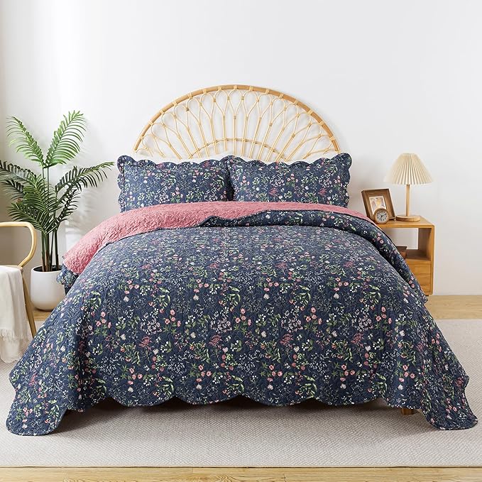 HoneiLife Queen Quilt Bedding Set - Floral Quilt Sets for Queen Bed, 3-Piece Wildflower Bedspreads,Botanical Coverlets Bed Cover, Microfiber Bedding Set All Season Quilts-Flower Sea