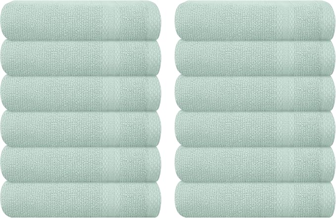 GLAMBURG Ultra Soft 12-Piece Washcloths Set 13x13-100% Ringspun Cotton - Durable & Highly Absorbent Face Towels - Ideal for use in Bathroom, Kitchen, Gym, Spa & General Cleaning - Sea Green