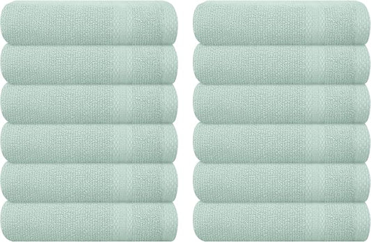 GLAMBURG Ultra Soft 12-Piece Washcloths Set 13x13-100% Ringspun Cotton - Durable & Highly Absorbent Face Towels - Ideal for use in Bathroom, Kitchen, Gym, Spa & General Cleaning - Sea Green