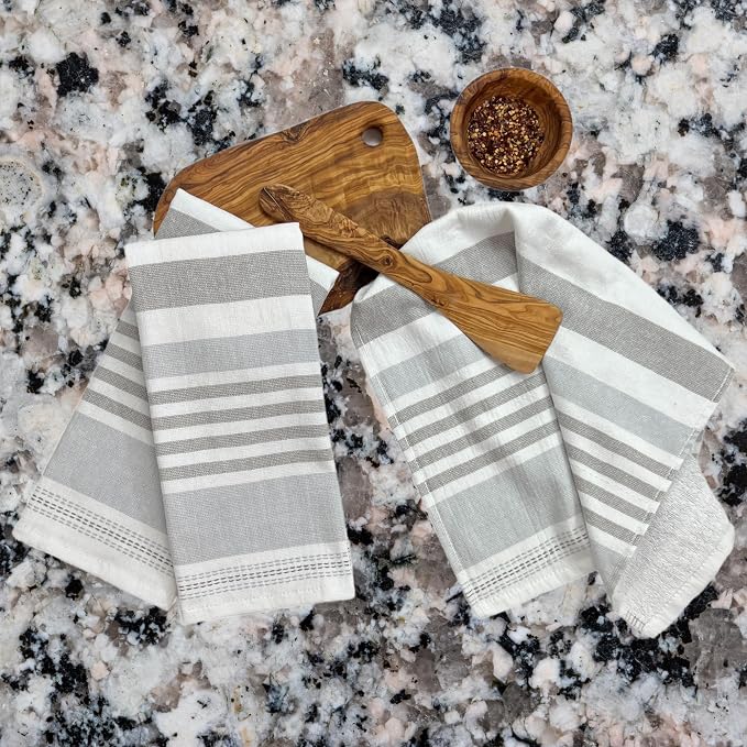 Serafina Home Grey White Kitchen Hand Dish Towels: Oversized 28" x 16",100% Cotton Cloth Soft Cleaning Drying Absorbent Striped Design, Set of 3 Multipurpose for Everyday Use (Grey Monica)