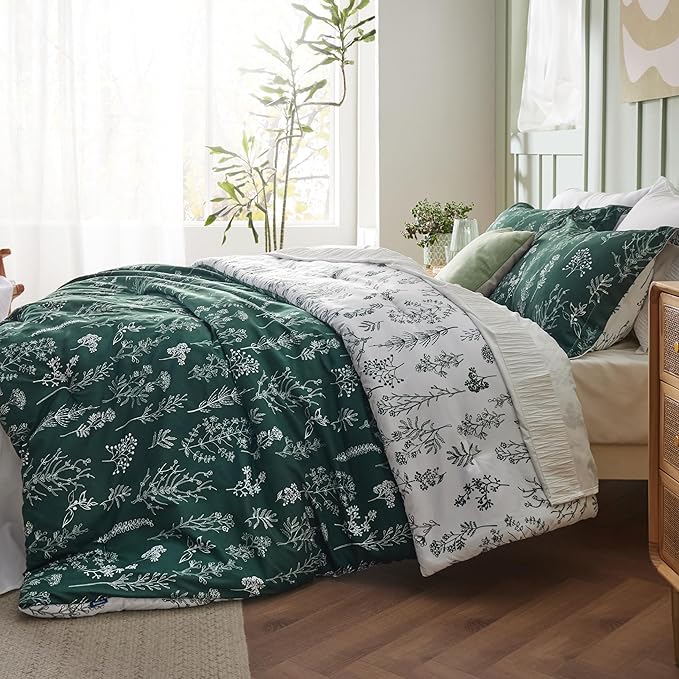 Bedsure Full Comforter Set - Emerald Bed Set, 3 Pieces Cute Floral Bedding, 1 Soft Reversible Botanical Flowers Comforter and 2 Pillow Shams