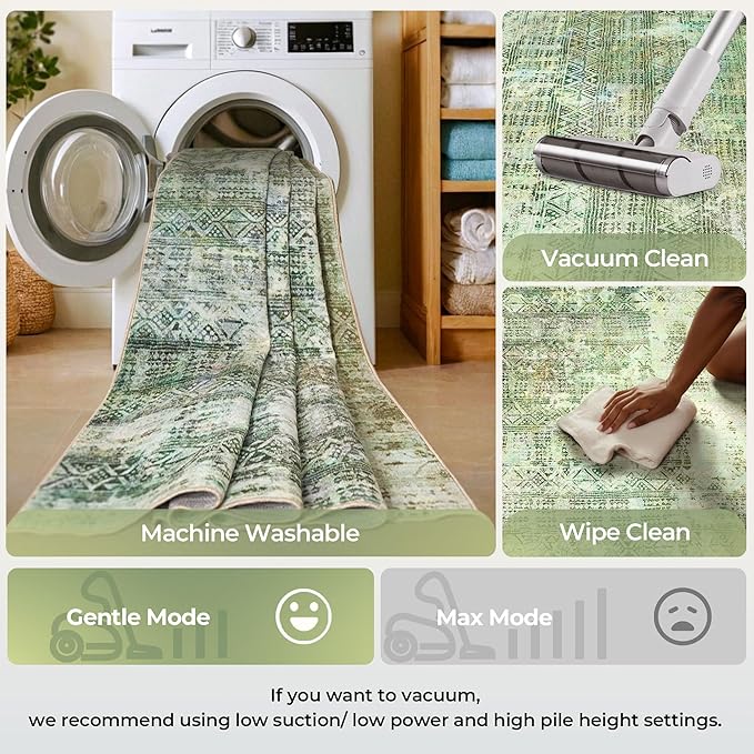 Kokia Abstract Green Area Rugs 8x10 Bedroom Soft Living Room Rugs Washable Distressed Vintage Comfy Carpet with Non-Slip Backing for Farmhouse Home Office Room Decor, Sage Green