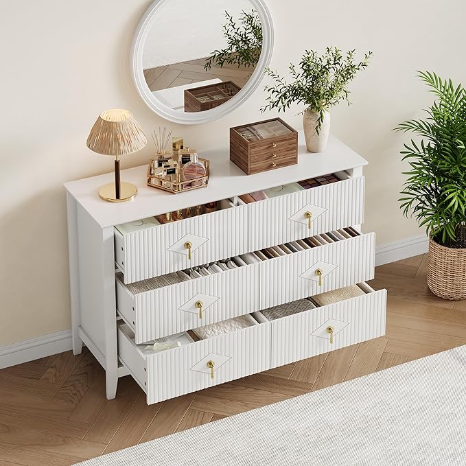 GarveeHome Fluted Dresser for Bedroom, 47.2 Inch Wide 6-Drawer Wood Dresser, Modern Chest of Drawers, Storage Organizer Cabinet for Living Room, Hallway, Entryway, White