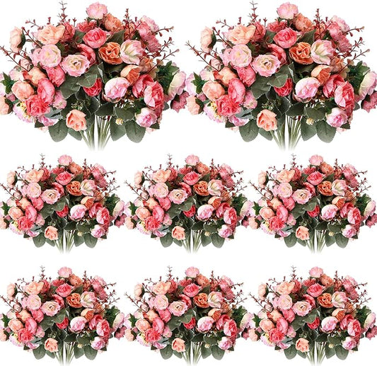 Geosar 8 Pcs Rose Artificial Flowers Fake Flowers Bouquet 21 Heads Silk Faux Floral Bundles with Stem for Home Bridal Wedding Arrangements Table Centerpieces Party Decor (Pink)