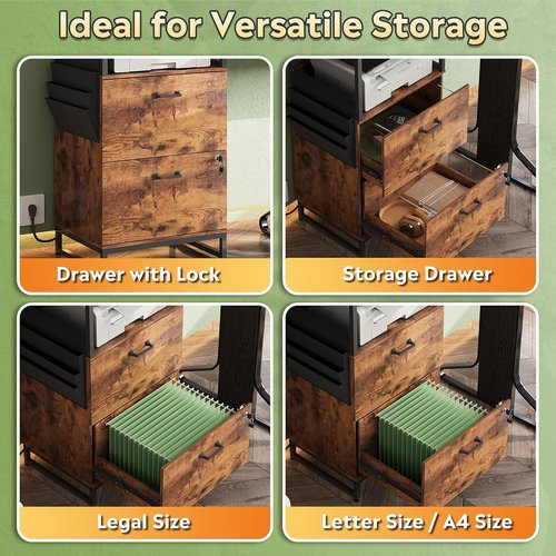 DEVAISE 2 Drawer File Cabinet - Lockable Design with Charging Station & Adjustable Shelf | Rustic Brown