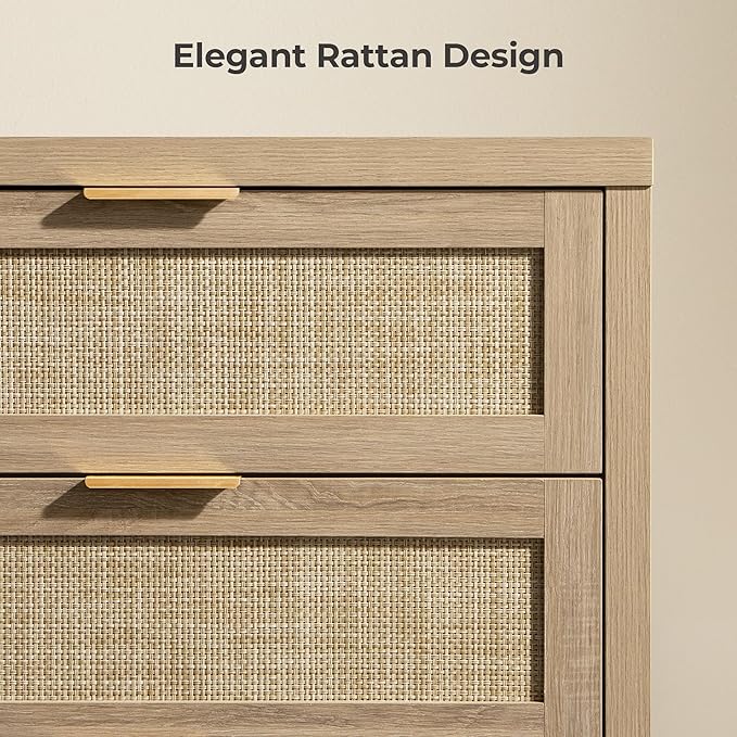 SICOTAS Rattan Dressers for Bedroom Set 2, Large 6 Drawer Dresser Long Chest of Drawers, Dresser Farmhouse TV Stand for Bedroom, Living Room, Closet (Reclaimed Light Oak, 2 Pieces)