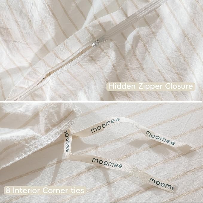MooMee Striped Duvet Cover Set 100% Washed Cotton Linen Like Textured Breathable Durable Soft Comfy (White Almond Milk Grey Wide Stripes, Alaska King 132"x120")
