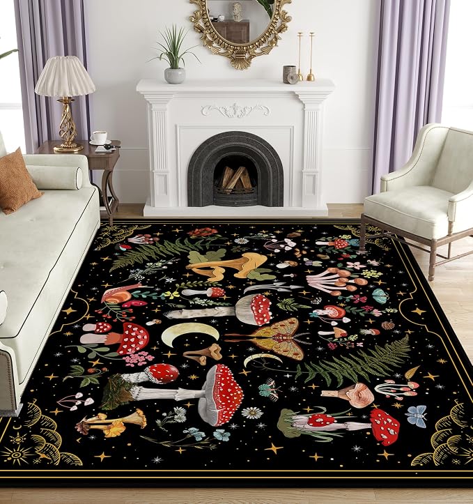 Mushroom Moth Area Rugs for Living Room Dining Room Bedroom Farmhouse, Non-Slip Machine Washable Black Rug Carpet 5'x7', Witchy Living Room Decor Aesthetic