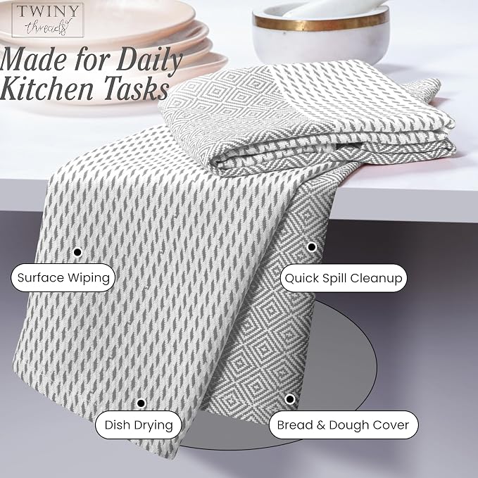 TWINY threads Dish Towel Diamond Design Assorted Colors, Premium Large 100% Cotton Kitchen Linen Set, Quick Drying Absorbent Wash Rags, Reusable Washable for Daily Cleaning, 4 Pack, 18"x26"