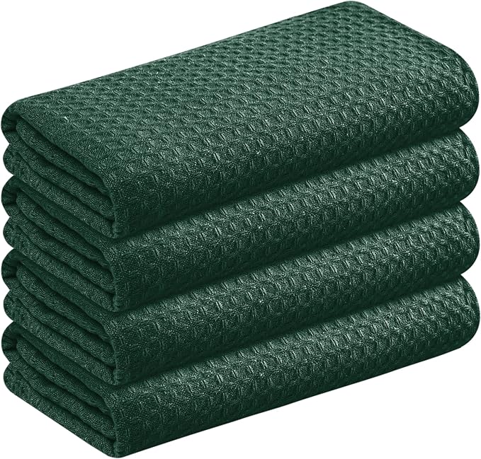Forest Green Kitchen Towels – Waffle Weave, 100% Cotton, Soft & Absorbent, Fast Dry, Durable, 16x26 Inches, Perfect for Dish Drying, Cleaning, and Everyday Use, Set of 4, Olive Green