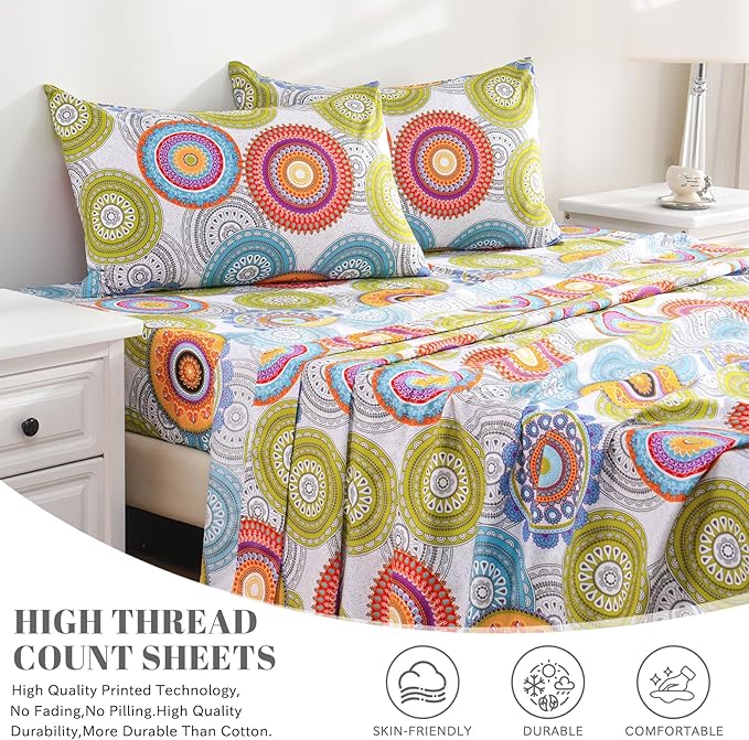 Bedlifes Queen Sheet Set Ultra Soft, Breathable, Silky Flower Deep Pocket 100% Microfiber Bedding, 4 Piece Queen Size Mandala Patterned