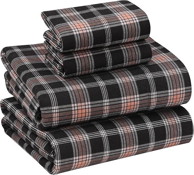 RUVANTI Flannel Sheets Queen Size - 100% Cotton Double Brushed Bed Sheets, Deep Pockets 16 Inches Queen Sheet Set, All Seasons Breathable & Extra Soft - Warm & Cozy, 4 Piece, Peach & Black Plaid