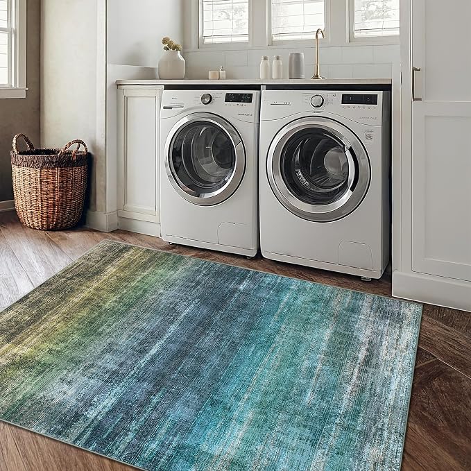 Kokia Abstract Teal Area Rug Living Room Washable 4x6 Non-Slip Stain Resistant Bohemian Rug Soft Indoor Vibrant Carpet for Bedroom Room Decor, Blue and Green