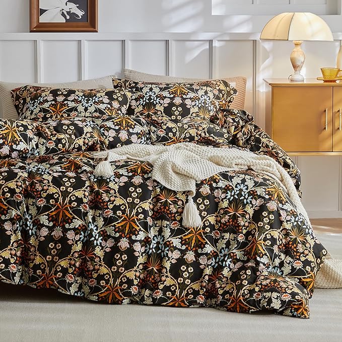 mixinni Vintage Floral Duvet Cover California King Size Farmhouse Boho Duvet Cover Set Cotton Percale Flowers Printed Bedding Set with 2 Pillowcases Perfect for Him and Her-California King Size