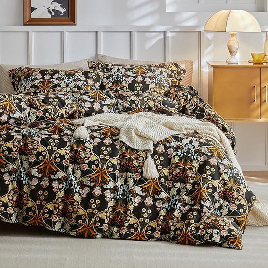 mixinni Vintage Floral Duvet Cover California King Size Farmhouse Boho Duvet Cover Set Cotton Percale Flowers Printed Bedding Set with 2 Pillowcases Perfect for Him and Her-California King Size
