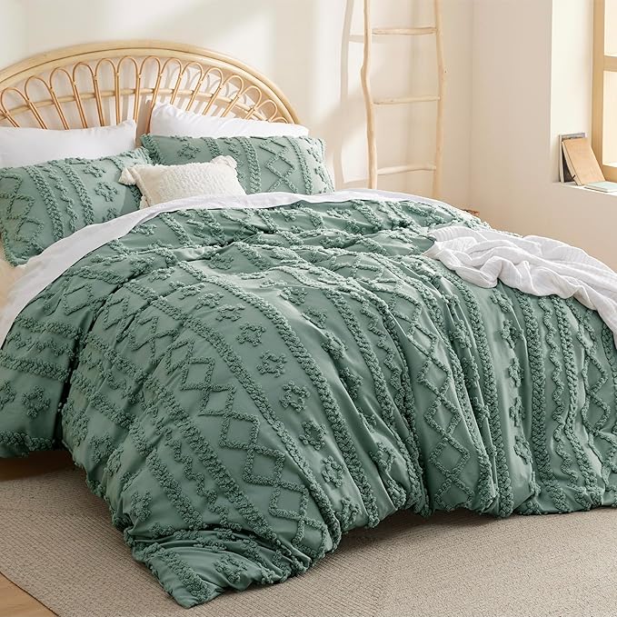 Bedsure Boho Duvet Cover King Size, Soft & Comfortable Elegant Design Boho Bedding for Decoration, Machine Washable Comforter Cover for All Seasons,Includes 1 Duvet Cover & 2 Pillow Shams,Sage Green