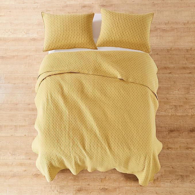 Levtex Home Cross Stitch Reversible Queen Bedspread Set (104x106in) with 2 Pillow Shams (26x20in) - Stitch Texture - Ochre - Cotton Queen Size Bedspread Set - Lightweight, Soft, Pre-Washed