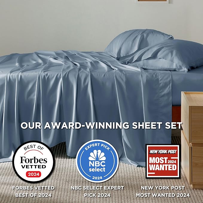 Bedsure California King Sheet Sets, Cooling Sheets, Rayon Derived from Bamboo, Breathable & Soft, Deep Pocket Up to 16 Inches, Hotel Luxury Silky Bedding for Hot Sleepers, Dusty Blue