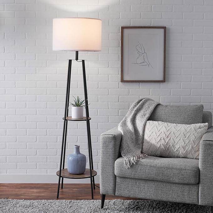 62 Inch Floor Lamp with 2 Wood Shelves, Mid-Century Modern Etagere Lamp Matte Black with LED Bulb