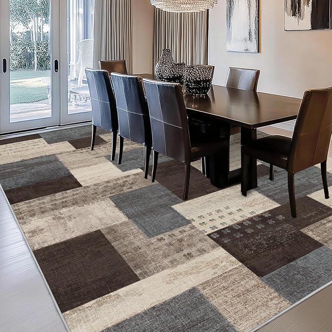 Modern Geometric Patchwork Indoor Area Rug for Living Room, Blue-Taupe 4'x 6' Large Rug Rockwood Collection Hardwood Floors Decor for Bedroom, Blue Throw Carpet for Office Entryway Dining Room
