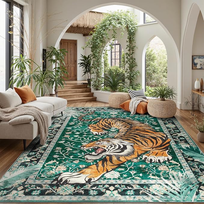 DCX Washable 6x9 Tiger Area Rug, Green Vintage Animal Rug for Living Room, Soft Low Pile Carpet, Kid & Pet Friendly with Rubber Back Non Slip, Stain Resistant Rug for Bedroom Dining Room Office