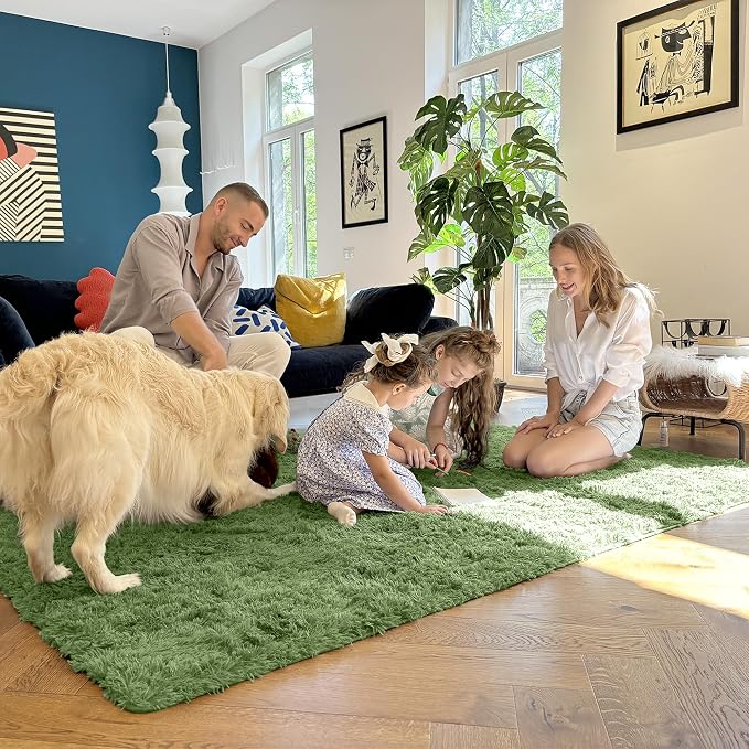 OLANLY 2x6 Machine Washable Runner Rugs for Hallway, Soft Fluffy Shaggy Bedside Rugs for Bedroom, Living Room, Indoor Floor Carpet for Kids Girls and Boys, Home Decor Aesthetic, Green