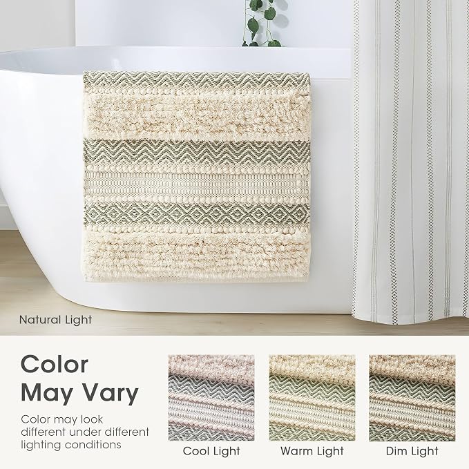 Ink+Ivy Bath Rug Hand-Woven Texture Shaggy Striped Soft & Water Absorbent, Boho Bathroom Décor Bath-Mats, Non-Slip Absorbent Quick Dry Mats for Tub, Shower Room, Asher, 22x58, Sage Green 1 Piece