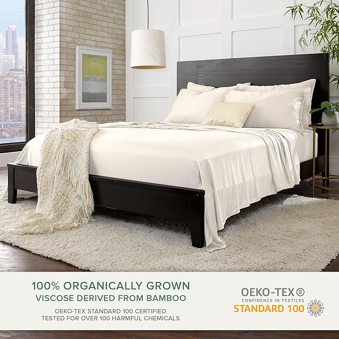 Pure Bamboo Split King Sheets, Genuine 100% Organic Viscose Derived from Bamboo Bed Sheet Set, Soft & Cooling, Double Stitching, 2 Fitted Sheets (Split King, Ivory)