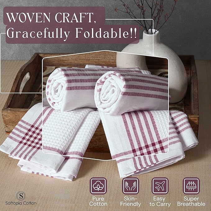 Waffle White & Burgundy Wine Dish Towels Set of 12, 100% Cotton, 16x26 inches, Reusable Cleaning Cloths for Drying Dishes, Quick Dry Kitchen Towel, Durable for Heavy-Duty Use