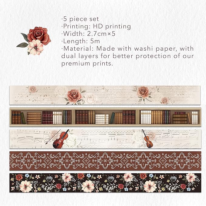 WT Academia Washi Tape Set, 5 Rolls, Original Designs, Vintage Floral Decorative Masking Tape, DIY Crafts, Bullet Journals, Planners, Scrapbooking, Journals Gifts, Adhesive Wrapping Tape, Paper Tape