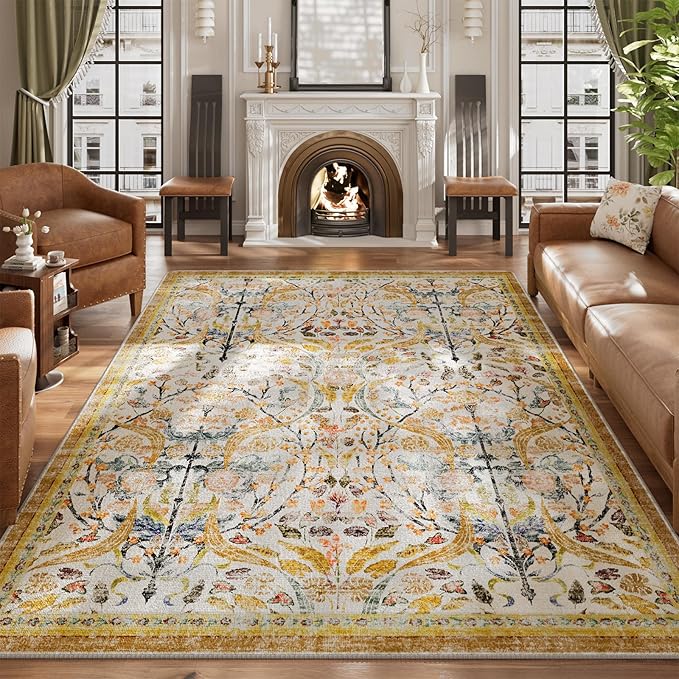 AMTOVO 6x9 Washable Area Rugs for Living Room, Non-Slip Large Soft Boho Floral Vintage Accent Print Carpet for Bedroom Dorm Nursery Room Dining Room Farmhouse Home Office, Golden Yellow