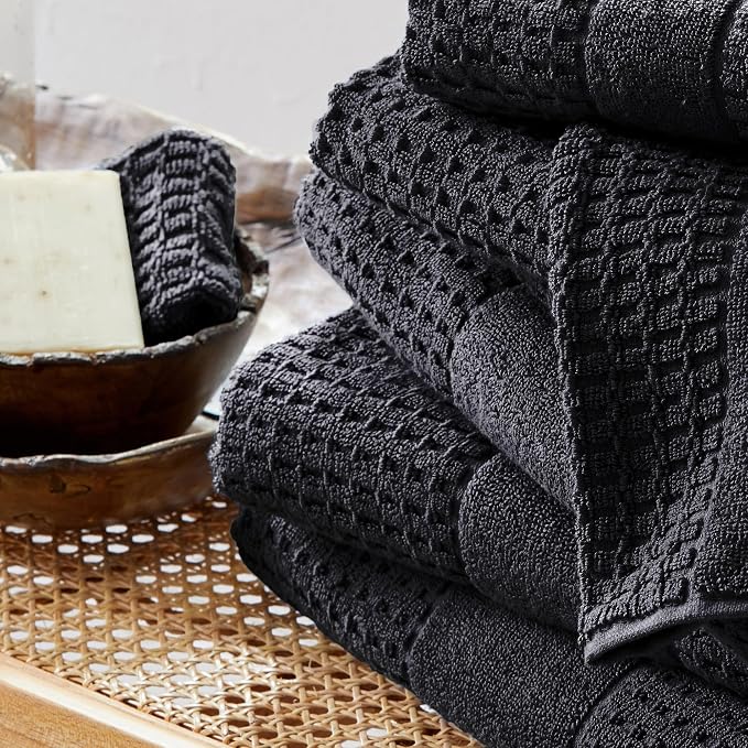Market & Place 100% Cotton Super Soft Luxury Bath Towel Set | Quick-Dry and Highly Absorbent | Waffle Textured | 550 GSM | Includes 4 Bath Towels | Harper Collection (Black)