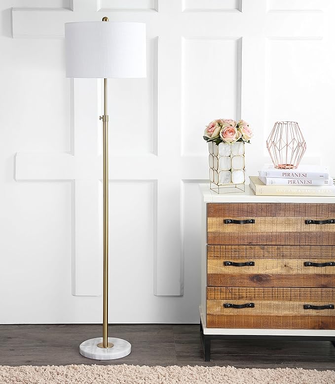 JONATHAN Y 65" Brass Gold and White Marble Adjustable LED Floor Lamp, Modern Glam Standing Light for Living Room Bedroom, White Linen Shade, Bulb Included JYL3022A