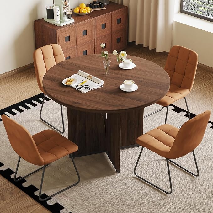 HIPIHOM Modern Round Dining Table Set for 4, 39.4" Walnut Kitchen Table with 4 PU Leather Chairs, 5-Piece Mid-Century Dining Room Set for Small Spaces, Pedestal Base